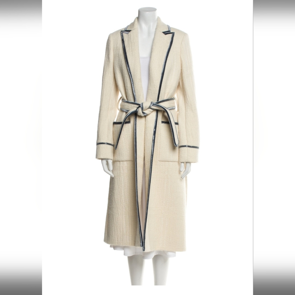 Tory Burch Women's Cream and Blue Velvet Trim Coat